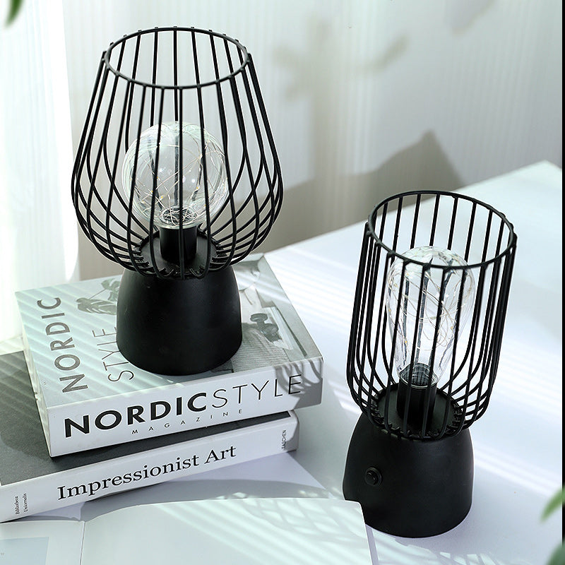 Contemporary Nordic Iron Copper Wire Cylinder Cage Shape Battery LED Table Lamp For Bedside