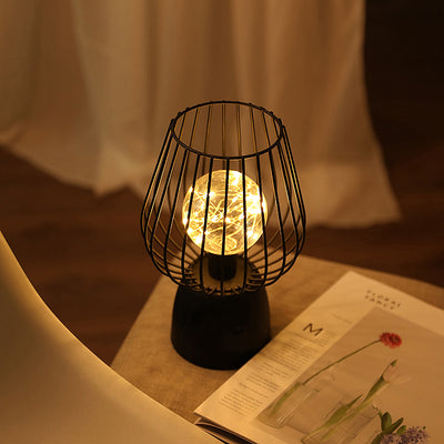 Contemporary Nordic Iron Copper Wire Cylinder Cage Shape Battery LED Table Lamp For Bedside