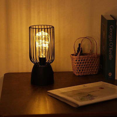 Contemporary Nordic Iron Copper Wire Cylinder Cage Shape Battery LED Table Lamp For Bedside