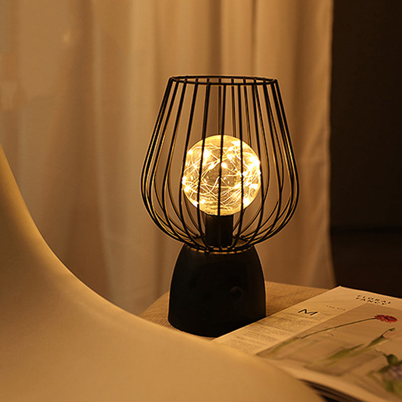 Contemporary Nordic Iron Copper Wire Cylinder Cage Shape Battery LED Table Lamp For Bedside