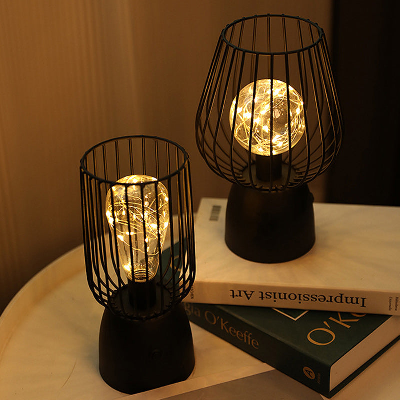 Contemporary Nordic Iron Copper Wire Cylinder Cage Shape Battery LED Table Lamp For Bedside