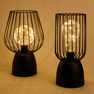 Contemporary Nordic Iron Copper Wire Cylinder Cage Shape Battery LED Table Lamp For Bedside