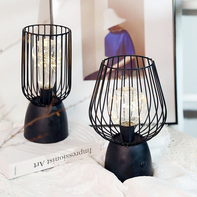 Contemporary Nordic Iron Copper Wire Cylinder Cage Shape Battery LED Table Lamp For Bedside