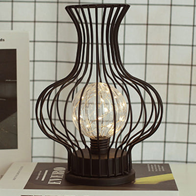 Contemporary Nordic Iron Battery Hollowed Vase LED Table Lamp Night Light For Bedroom