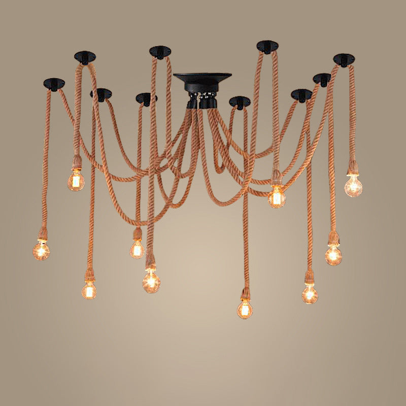 Contemporary Industrial Hemp Rope Iron Spider 10-Light Semi-Flush Mount Ceiling Light For Dining Room