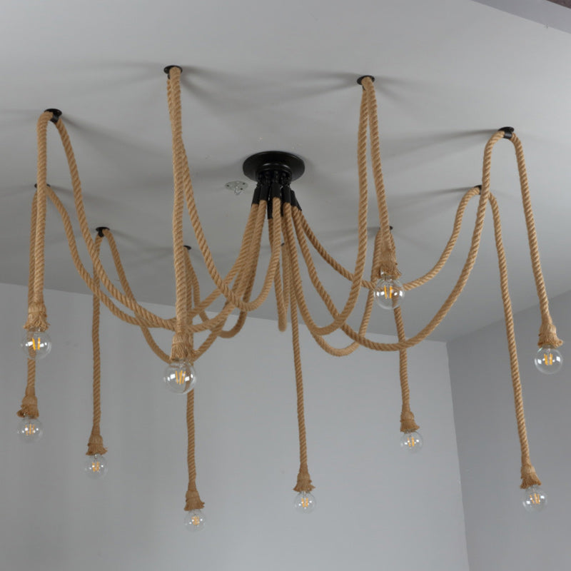 Contemporary Industrial Hemp Rope Iron Spider 10-Light Semi-Flush Mount Ceiling Light For Dining Room