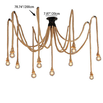 Contemporary Industrial Hemp Rope Iron Spider 10-Light Semi-Flush Mount Ceiling Light For Dining Room