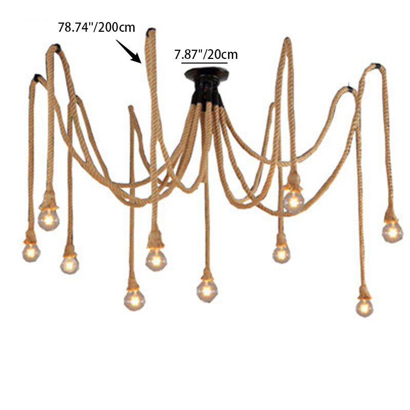 Contemporary Industrial Hemp Rope Iron Spider 10-Light Semi-Flush Mount Ceiling Light For Dining Room