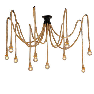 Contemporary Industrial Hemp Rope Iron Spider 10-Light Semi-Flush Mount Ceiling Light For Dining Room