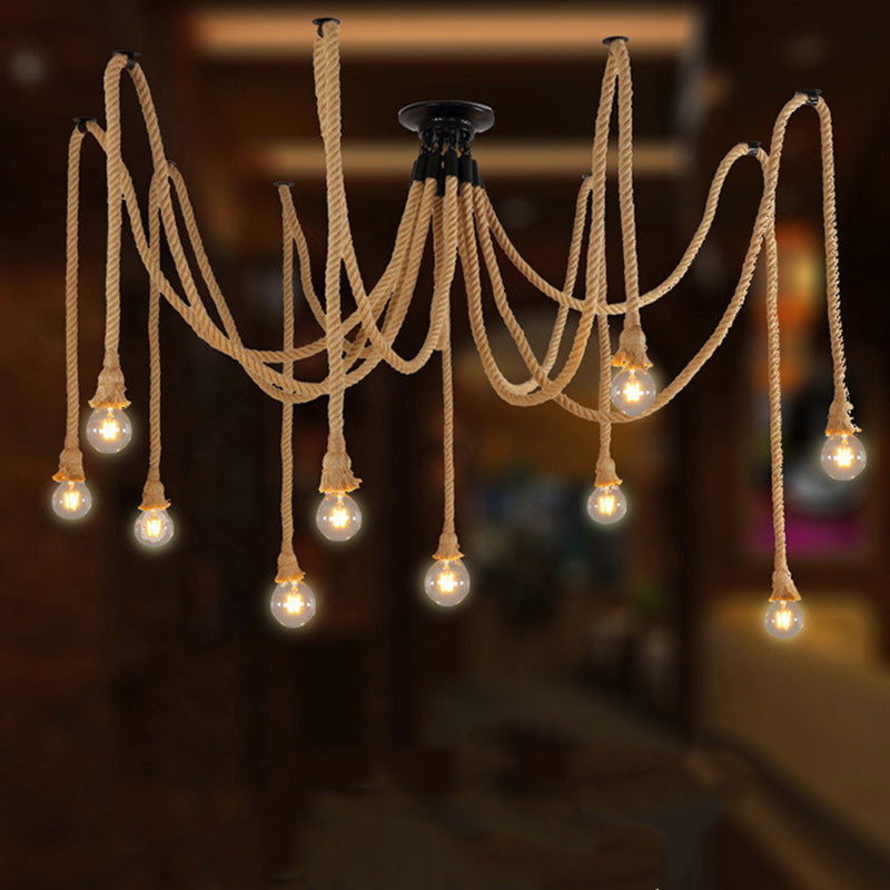 Contemporary Industrial Hemp Rope Iron Spider 10-Light Semi-Flush Mount Ceiling Light For Dining Room