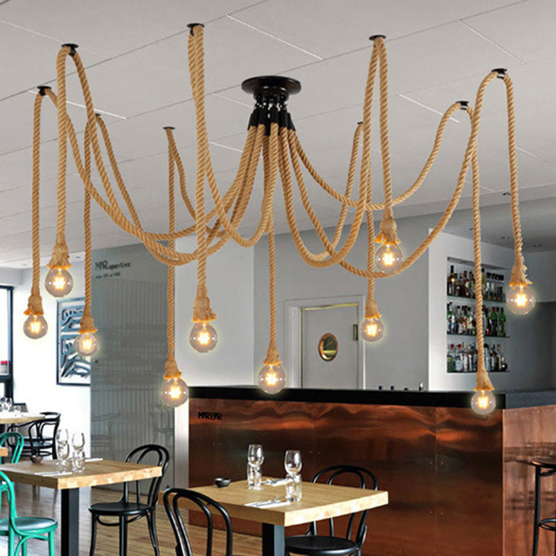 Contemporary Industrial Hemp Rope Iron Spider 10-Light Semi-Flush Mount Ceiling Light For Dining Room