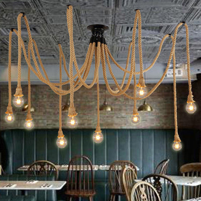 Contemporary Industrial Hemp Rope Iron Spider 10-Light Semi-Flush Mount Ceiling Light For Dining Room