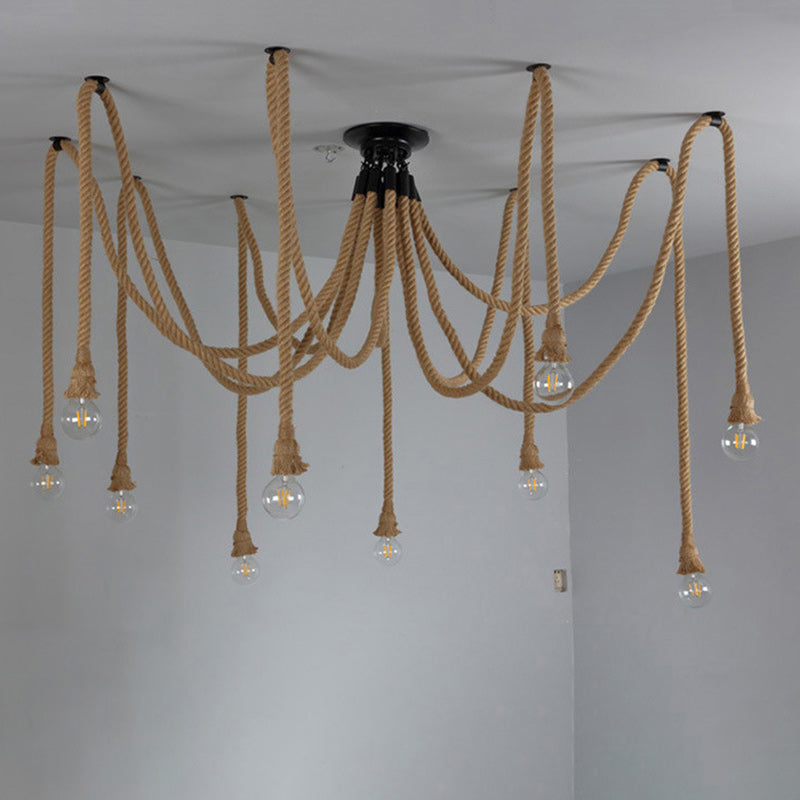 Contemporary Industrial Hemp Rope Iron Spider 10-Light Semi-Flush Mount Ceiling Light For Dining Room