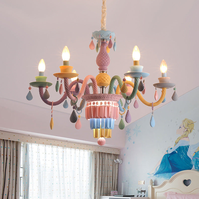 Modern Art Deco Kids Candle Colorful Stainless Steel Glass 5/6/8 Light Chandeliers For Bedroom