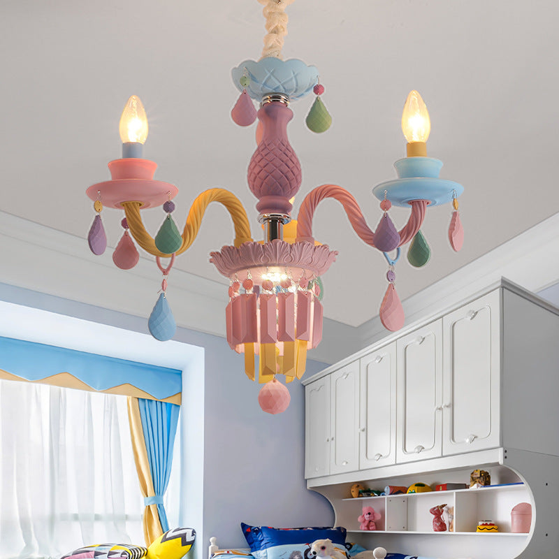 Modern Art Deco Kids Candle Colorful Stainless Steel Glass 5/6/8 Light Chandeliers For Bedroom