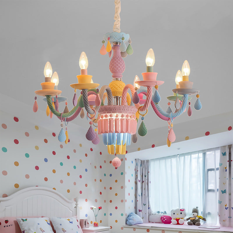 Modern Art Deco Kids Candle Colorful Stainless Steel Glass 5/6/8 Light Chandeliers For Bedroom