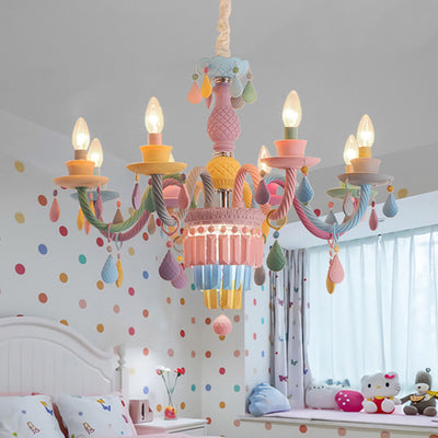 Modern Art Deco Kids Candle Colorful Stainless Steel Glass 5/6/8 Light Chandeliers For Bedroom