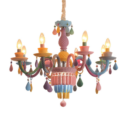 Modern Art Deco Kids Candle Colorful Stainless Steel Glass 5/6/8 Light Chandeliers For Bedroom