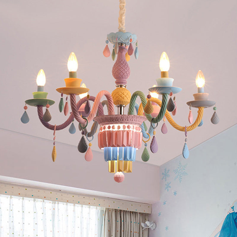 Modern Art Deco Kids Candle Colorful Stainless Steel Glass 5/6/8 Light Chandeliers For Bedroom