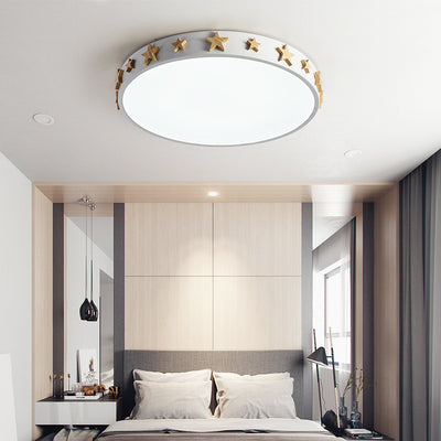 Contemporary Scandinavian Iron Wood Acrylic Round Star LED Flush Mount Ceiling Light For Bedroom