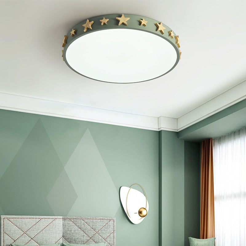 Contemporary Scandinavian Iron Wood Acrylic Round Star LED Flush Mount Ceiling Light For Bedroom