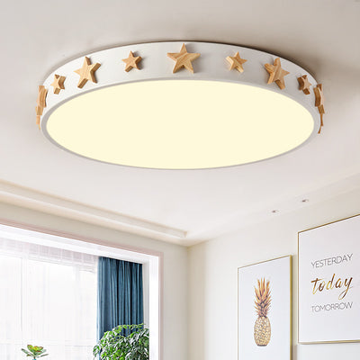 Contemporary Scandinavian Iron Wood Acrylic Round Star LED Flush Mount Ceiling Light For Bedroom