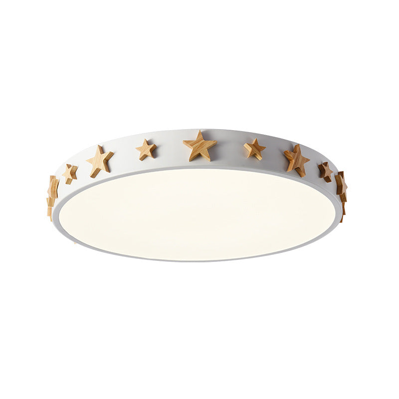 Contemporary Scandinavian Iron Wood Acrylic Round Star LED Flush Mount Ceiling Light For Bedroom