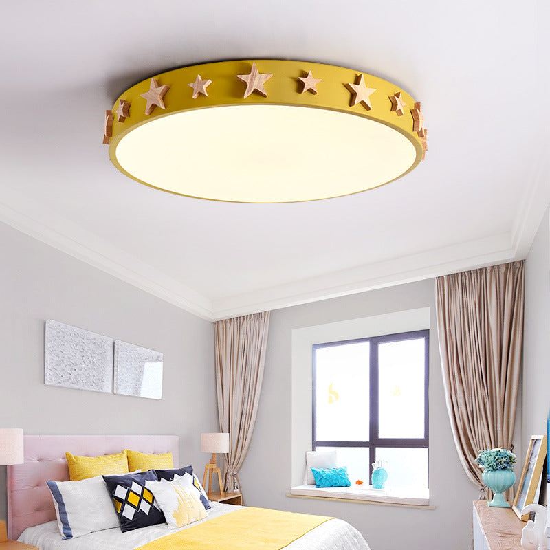 Contemporary Scandinavian Iron Wood Acrylic Round Star LED Flush Mount Ceiling Light For Bedroom