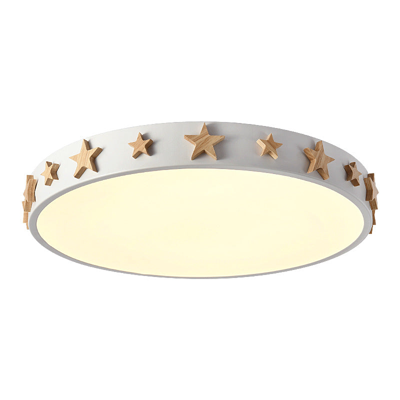 Contemporary Scandinavian Iron Wood Acrylic Round Star LED Flush Mount Ceiling Light For Bedroom