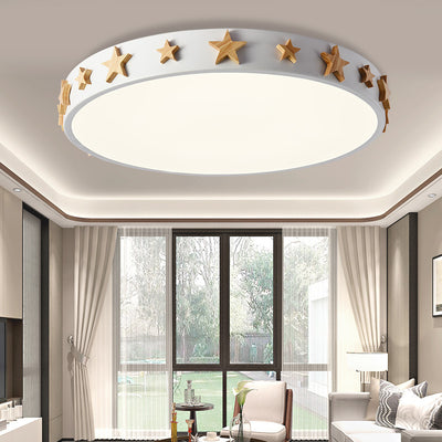 Contemporary Scandinavian Iron Wood Acrylic Round Star LED Flush Mount Ceiling Light For Bedroom