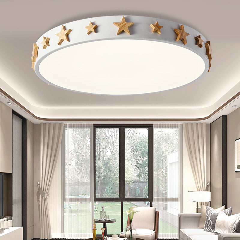 Contemporary Scandinavian Iron Wood Acrylic Round Star LED Flush Mount Ceiling Light For Bedroom