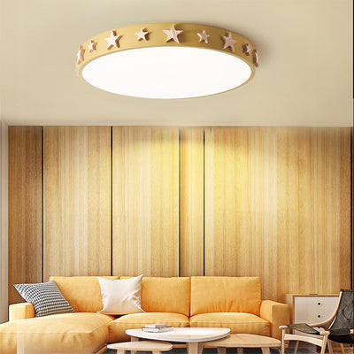 Contemporary Scandinavian Iron Wood Acrylic Round Star LED Flush Mount Ceiling Light For Bedroom