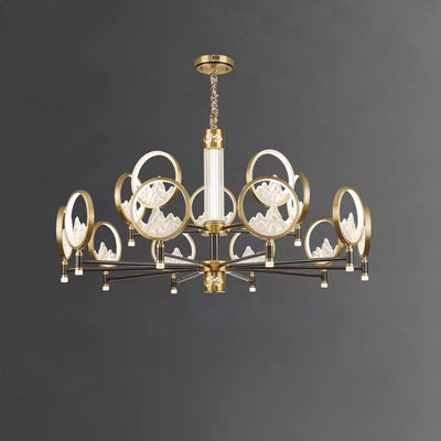 Traditional Chinese Brass Glass Round Mountain LED Chandeliers For Living Room