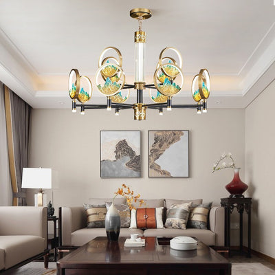 Traditional Chinese Brass Glass Round Mountain LED Chandeliers For Living Room