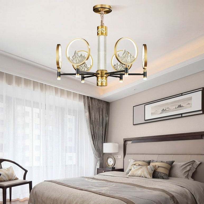 Traditional Chinese Brass Glass Round Mountain LED Chandeliers For Living Room