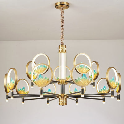 Traditional Chinese Brass Glass Round Mountain LED Chandeliers For Living Room