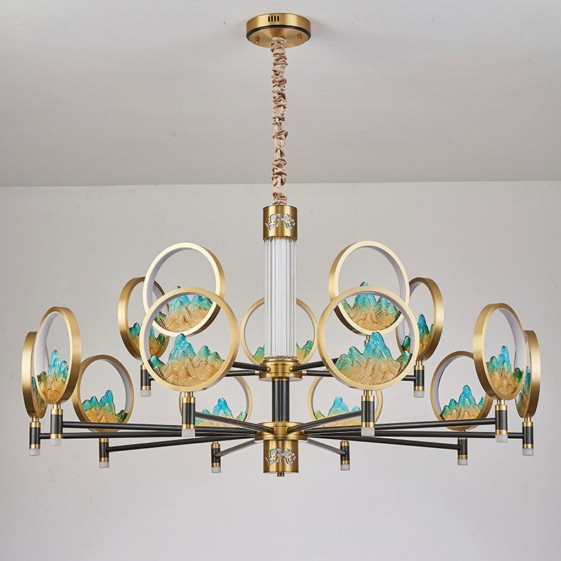 Traditional Chinese Brass Glass Round Mountain LED Chandeliers For Living Room