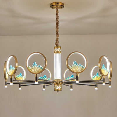 Traditional Chinese Brass Glass Round Mountain LED Chandeliers For Living Room