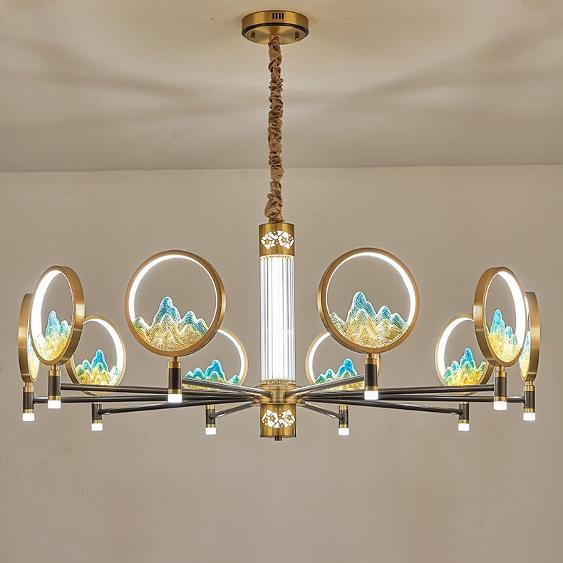 Traditional Chinese Brass Glass Round Mountain LED Chandeliers For Living Room