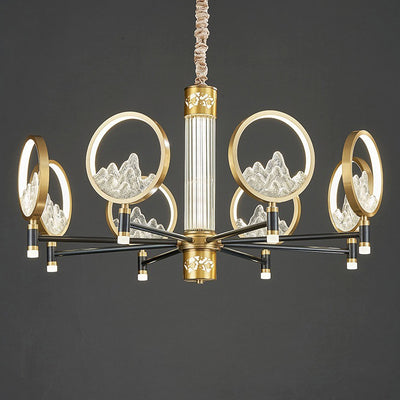 Traditional Chinese Brass Glass Round Mountain LED Chandeliers For Living Room