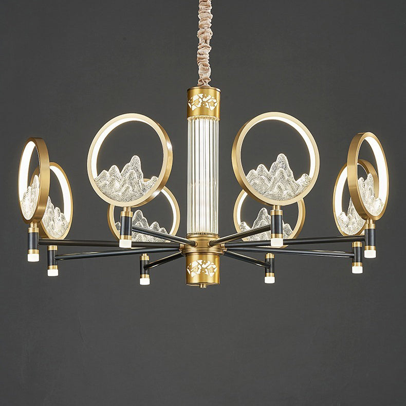 Traditional Chinese Brass Glass Round Mountain LED Chandeliers For Living Room