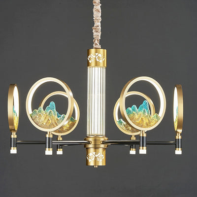 Traditional Chinese Brass Glass Round Mountain LED Chandeliers For Living Room