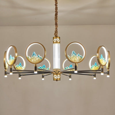 Traditional Chinese Brass Glass Round Mountain LED Chandeliers For Living Room