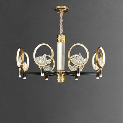 Traditional Chinese Brass Glass Round Mountain LED Chandeliers For Living Room