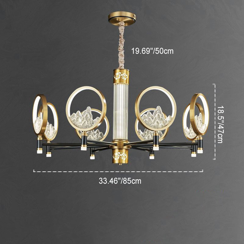 Traditional Chinese Brass Glass Round Mountain LED Chandeliers For Living Room