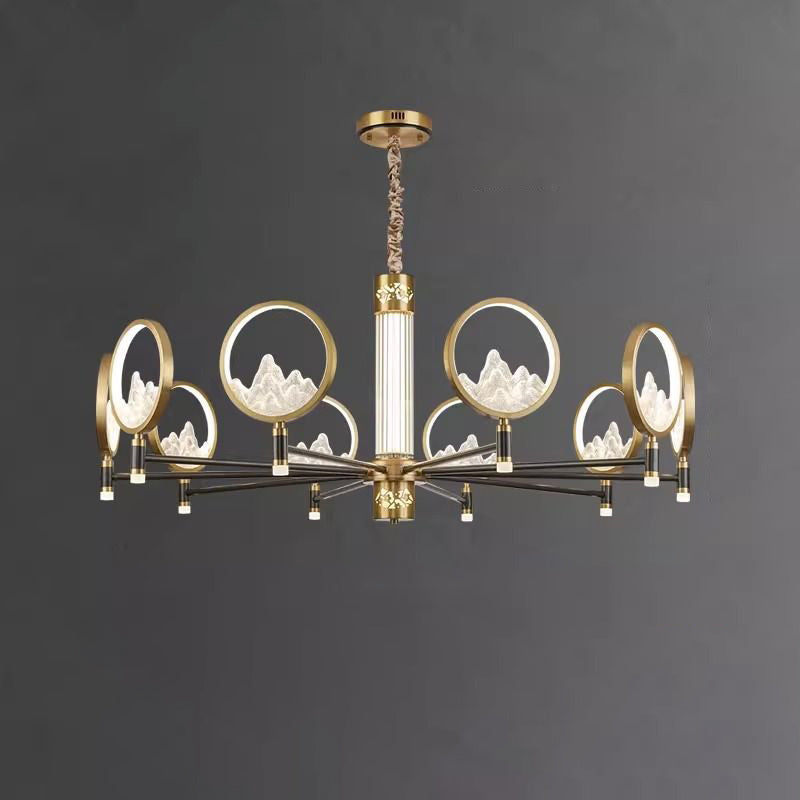 Traditional Chinese Brass Glass Round Mountain LED Chandeliers For Living Room