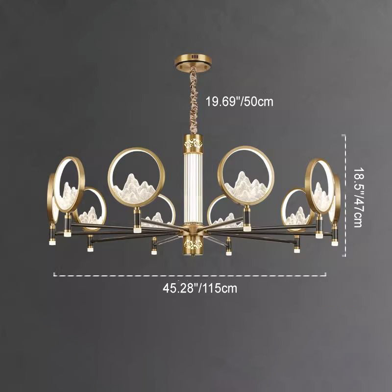 Traditional Chinese Brass Glass Round Mountain LED Chandeliers For Living Room