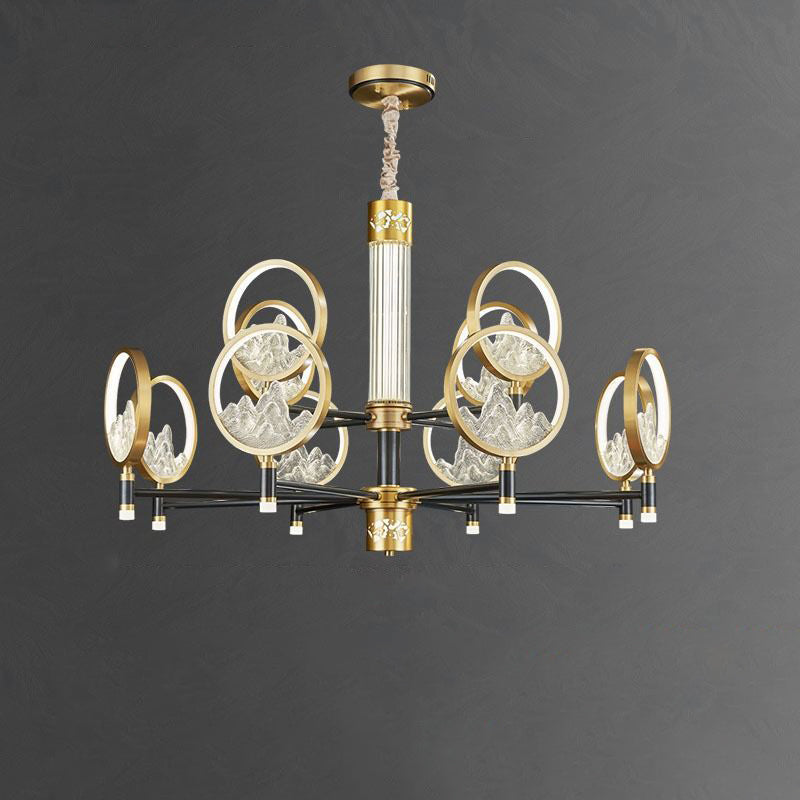 Traditional Chinese Brass Glass Round Mountain LED Chandeliers For Living Room