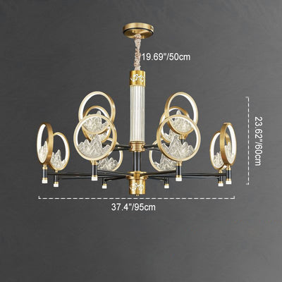 Traditional Chinese Brass Glass Round Mountain LED Chandeliers For Living Room