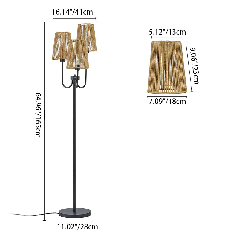 Traditional Rustic Weaving Paper Rope Fabric Iron Cylinder 3-Light Standing Floor Lamp For Living Room